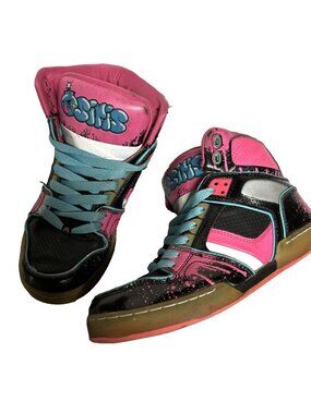 Osiris Sneakers Pink Black Blue Bomb Logo Graffiti Mens Size 6 Womens 7.5 Skater